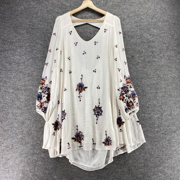 Free People Tops - Free People Blouse Women M Medium White Floral V-Neck Long Sleeve Lined Casual
